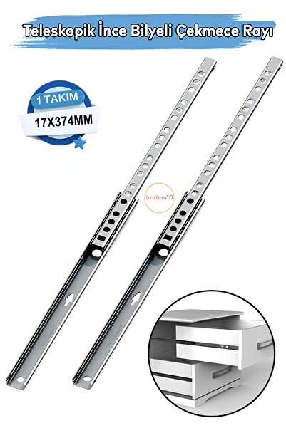 Badem10 Teleskobik İnce Bilyeli Bilyalı Dolap Çekmece Rayı Sürgüsü Metal En 1...