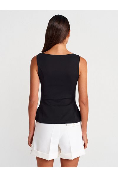 Dilvin 21001 Βάρκα λαιμό Peplum Top-Μαύρο