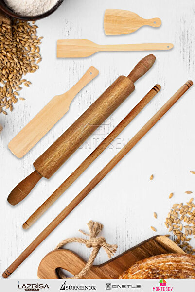 MONTESEV Zambak Serisi Ahşap Hamur Açma Oklavası Merdanesi Börek Seti 6 lı Se...