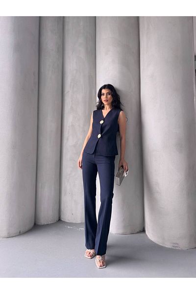 Bella Breeze Women's Gold Cookie Button Vest Pants Suit