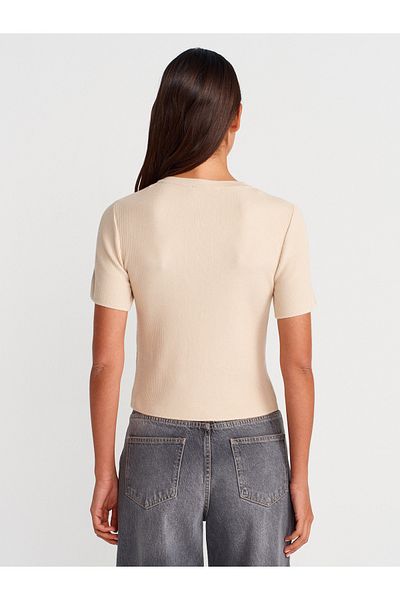 Dilvin 10733 Crew Neck Pocket Buttoned Knitwear Blouse-Stone