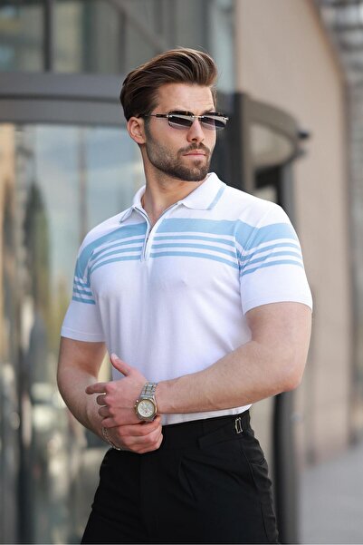 Madmext Tricou alb cu fermoar cu gât polo pentru bărbați E7407