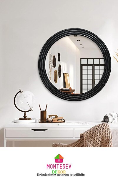 MONTESEV Zümrüt Ahşap Siyah Dekoratif Ayna Yuvarlak Ayna Işlemeli Duvar Aynası Tekli - 43 Cm