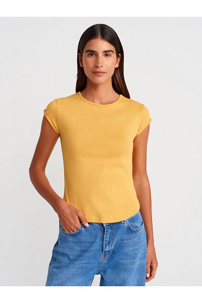 Dilvin 31779 Crew Neck Basic T-Shirt-Mustard