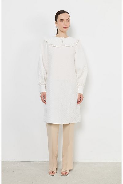 Fatma Atasoy Ruffle Collar Seersucker Ecru Tunic