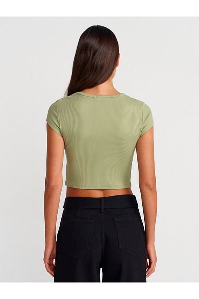 Dilvin 31719 Snap Fastener Short Sleeve Top-Khaki