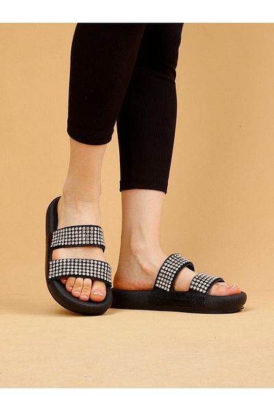 layki Arya Black Colored Genuine Leather Thick Sole Luxury Slippers