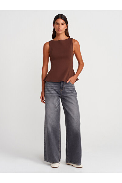 Dilvin 21001 Kayık Yaka Peplum Top-Açık Kahve