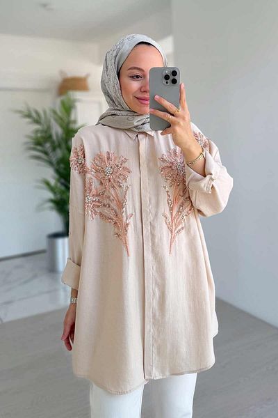 Ka Hijab Πουκάμισο με κέντημα με μοτίβο λουλουδιών - πούδρα