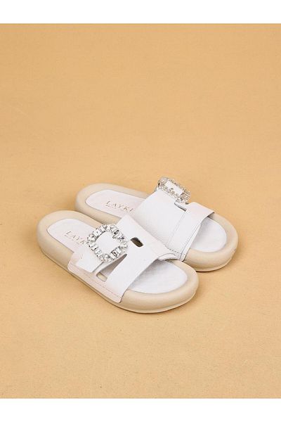 layki Vera White Colored Genuine Leather Buckle Thick Sole Luxury Slippers