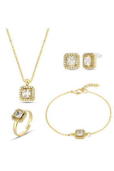 Forentina Altın Kaplama Kolye Bileklik Küpe Yüzük Kombin Takı Seti Ps3601