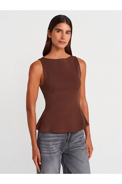 Dilvin 21001 Σκάφος λαιμόκοψη Peplum Top-ανοιχτό καφέ