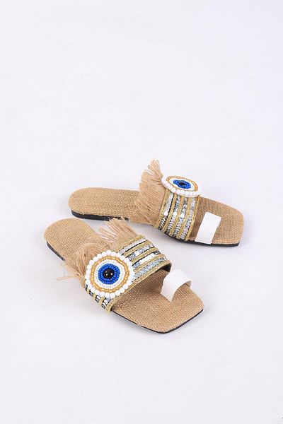 layki Clesse White Colored Straw Stone Slippers