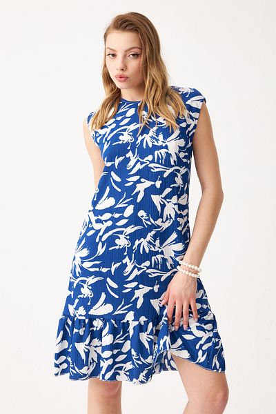 Know Rochie mini Crinkle fără mâneci cu imprimeu albastru-alb pentru femei