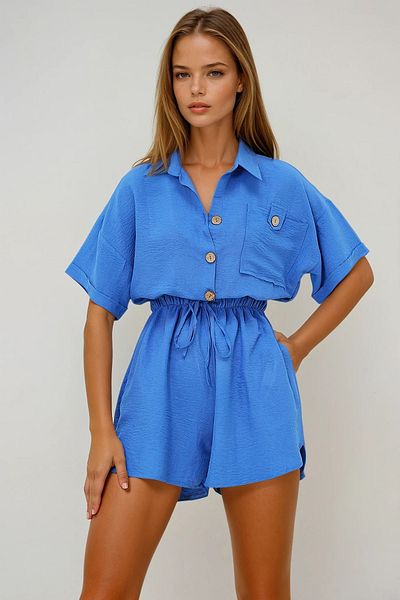 VAGGON Women's Indigo Blue Shirt Collar Double Pocket Shorts Jumpsuit Prmx11611