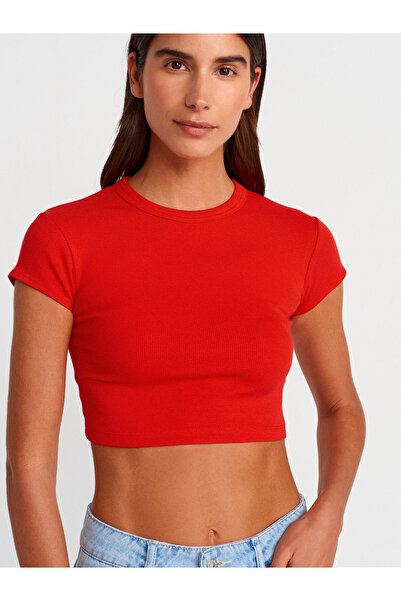 Dilvin 31810 Crew Neck Crop T-Shirt-Red