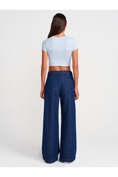Dilvin 71976 Double Pleated Denim Pants-Navy Blue