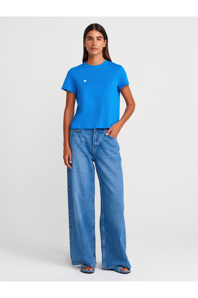 Dilvin 30584 Βαμβακερό μπλουζάκι με λαιμόκοψη-Σακς