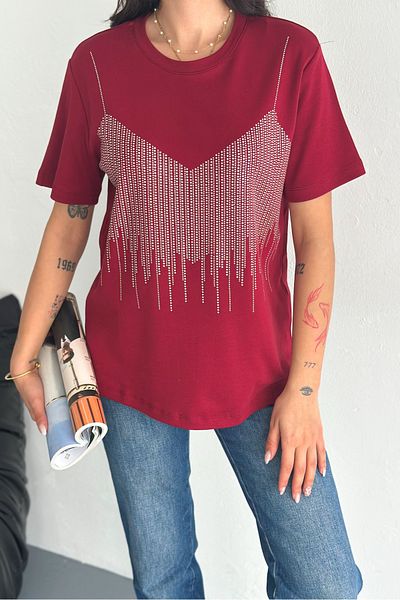 FEMELLE Tricou de damă din bumbac cu detaliu de lipire cu piatră de burgundă