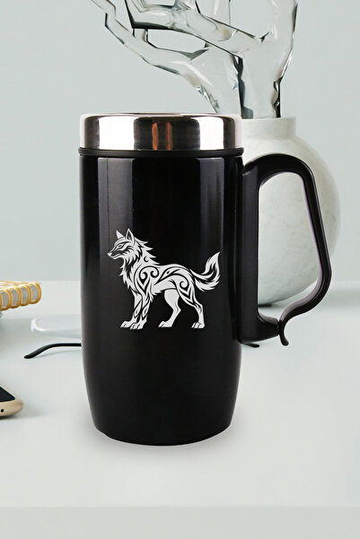 nesnelgift Siyah Çelik Kulplu Bardak Termos - İllistrayon Kurt Motifli