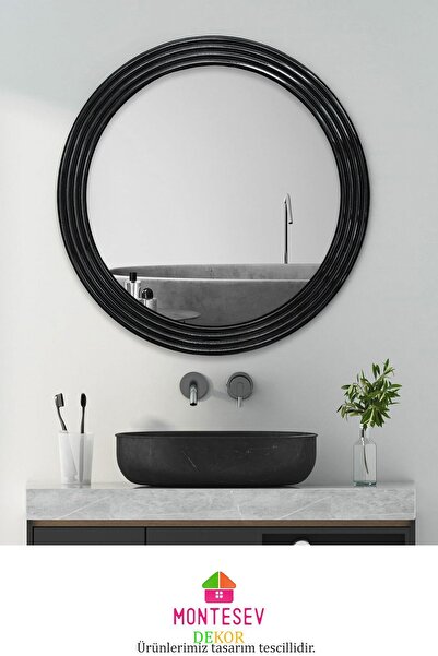 MONTESEV Zümrüt Ahşap Siyah Dekoratif Ayna Yuvarlak Ayna Işlemeli Duvar Aynası Tekli - 43 Cm