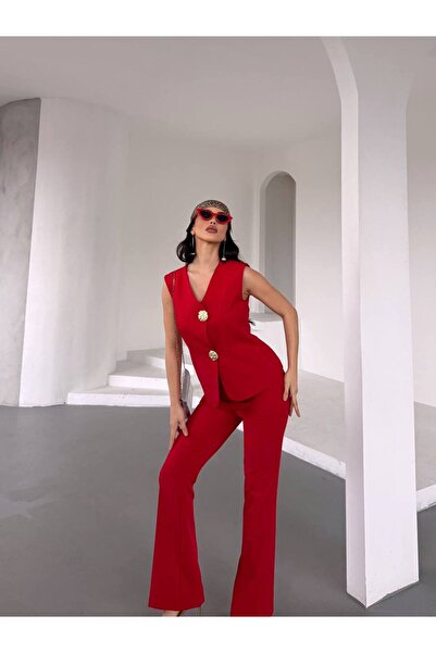 Bella Breeze Women's Gold Cookie Button Vest Pants Suit