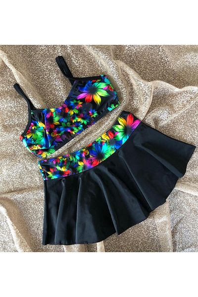 Elit Girl's Waiter Flexible Adjustable Strap Black Colorful Patterned Skirt Bikini Suit