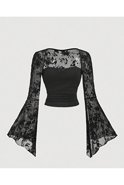 Butic Gotik Goth Siyah Dantel Detaylı Transparan Vintage Kol Bluz