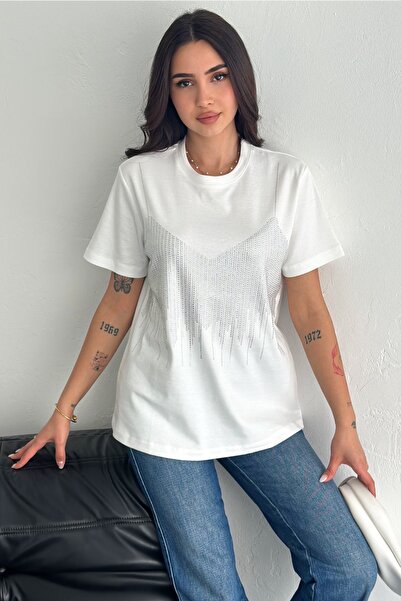 FEMELLE Tricou de damă din bumbac cu detaliu de lipire cu piatră albă