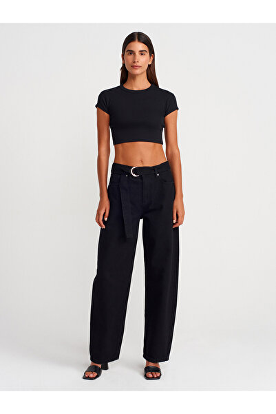 Dilvin 31810 Bisiklet Yaka Crop T-shirt-Siyah