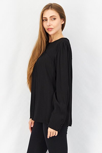 Esprit Women Round Neck Long Sleeve Plain Pleated Top, Black