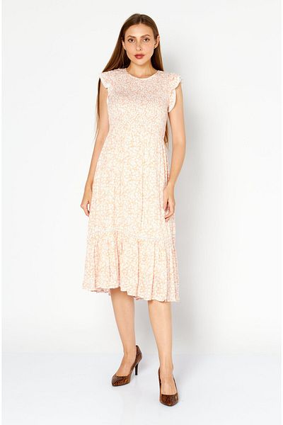 Lost + Wander Women Round Neck Cap Sleeve Allover Printed Midi Dress, Peach