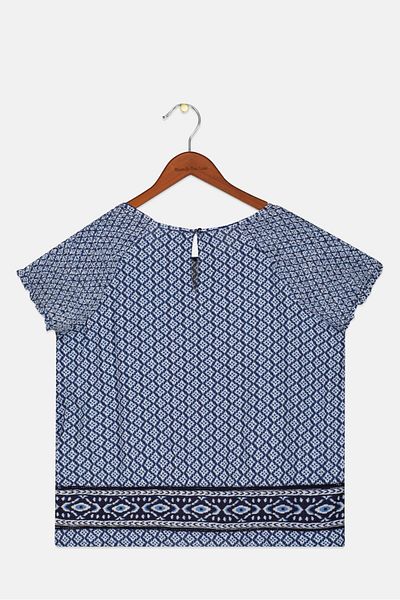 Pepe Jeans Kids Girl Round Neck Cap Sleeves Diamond Pattern Blouse, Blue Combo
