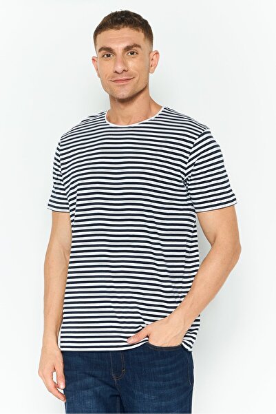 Esprit تي شيرت رجالي مخطط بأكمام قصيرة ورقبة دائرية، أزرق داكن