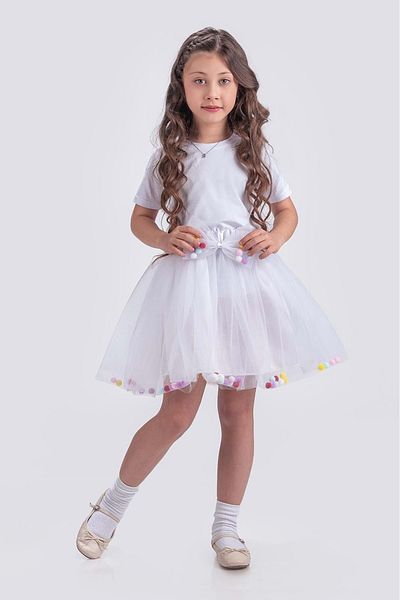 Mnk Baby&Kids Fusta de sărbători pentru fete cu accesorii pompon M00726 Alb
