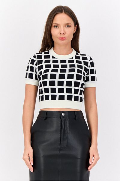 Esprit Women Crew Neck Short Sleeve Windowpane Crop Top, Multi Color