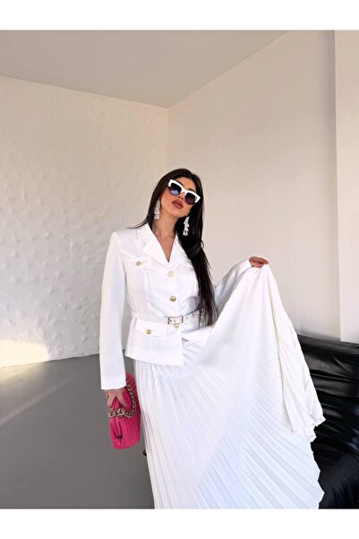 Bella Breeze Kadın Kemerli Gold Düğmeli Premium Ceket Pileli Uzun Etek Takım Elbise