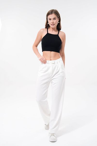 lovebox Women's Modern Palazzo Cut Wide Leg White Fabric Trousers 002