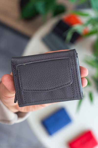 Garbalia Medina Genuine Leather Men's Anthracite Card Holder Wallet with Coin Compartment Mechanism