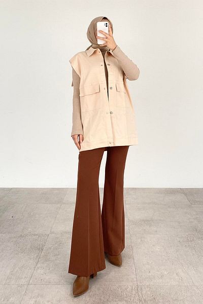 lamelif Front Snap Button Vest Sand Beige
