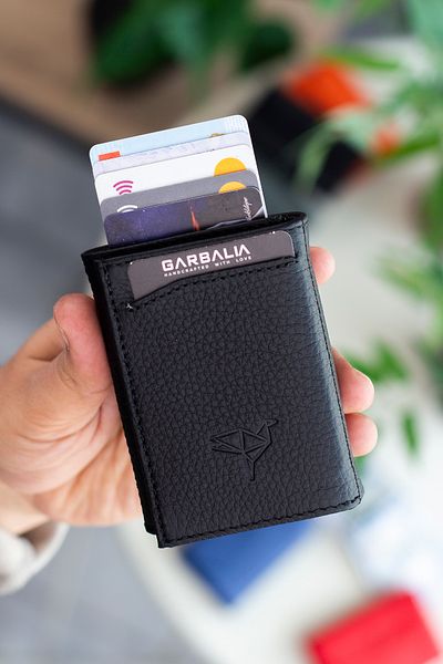Garbalia Medina Genuine Leather Men's Black Card Holder Wallet with Coin Compartment Mechanism