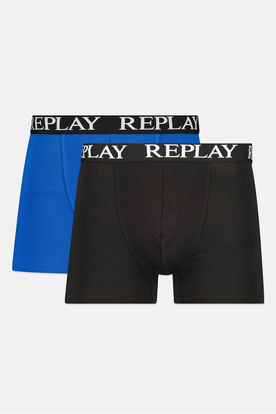 Replay Men 2 Pack Brand Logo Boxer Brief, Black/Blue
