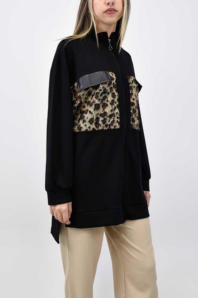 birizmoda Zippered Tunic with Leopard Pocket Detail - Black