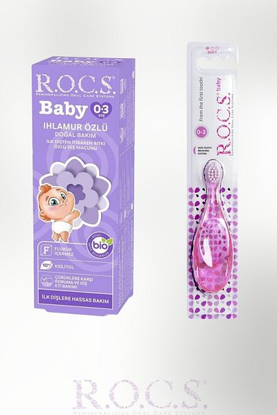 R.O.C.S. 0-3 Years Old Baby Toothbrush (Pink) & Fluoride-Free Baby Toothpaste 35 ml