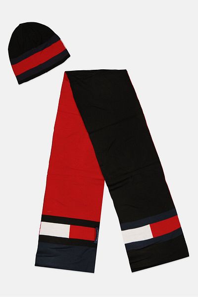 Tommy Hilfiger Men Brand Logo Beanie And Scarf Set, Multi Color