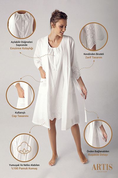 Artış Ecru Woven Cotton Maternity Nightie and Dressing Gown Set