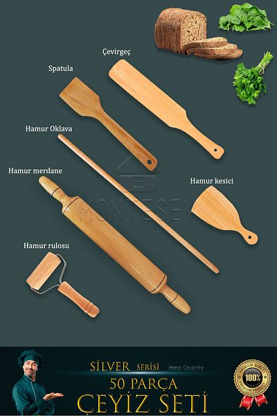 MONTESEV 50 Pieces Wooden Tree Wooden Spoon Rolling Pin Roller Kitchen Knife Silver Series Dowry Set ÇYZST1