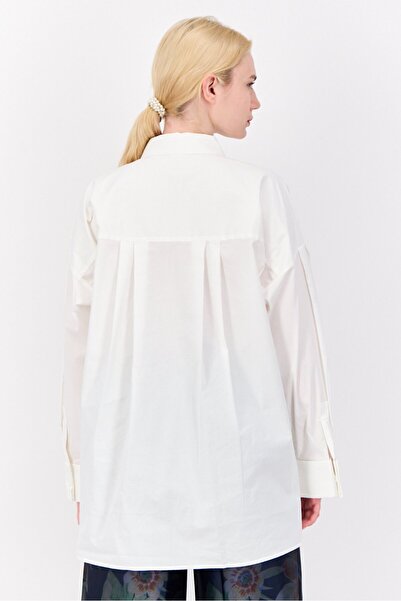 Esprit Women Oversized Fit Pointed Collar Long Sleeve Plain Shirt, Off White