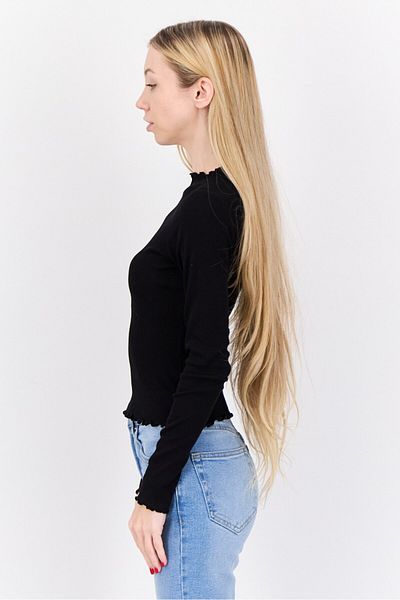 Monki Women Mock Neck Long Sleeve Ribbed Blouse, Black