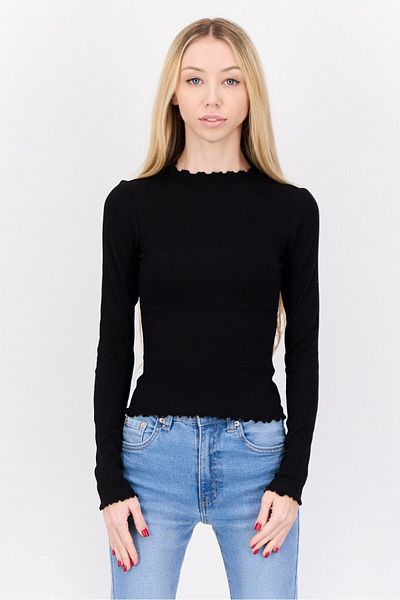 Monki Women Mock Neck Long Sleeve Ribbed Blouse, Black